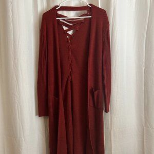 Rustic Red Long Open Knit Cardigan with Lace Up Back Detailing-Size Small